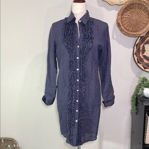 Paperwhite 100% Linen Button Down Ruffle Dress Blue Size 04